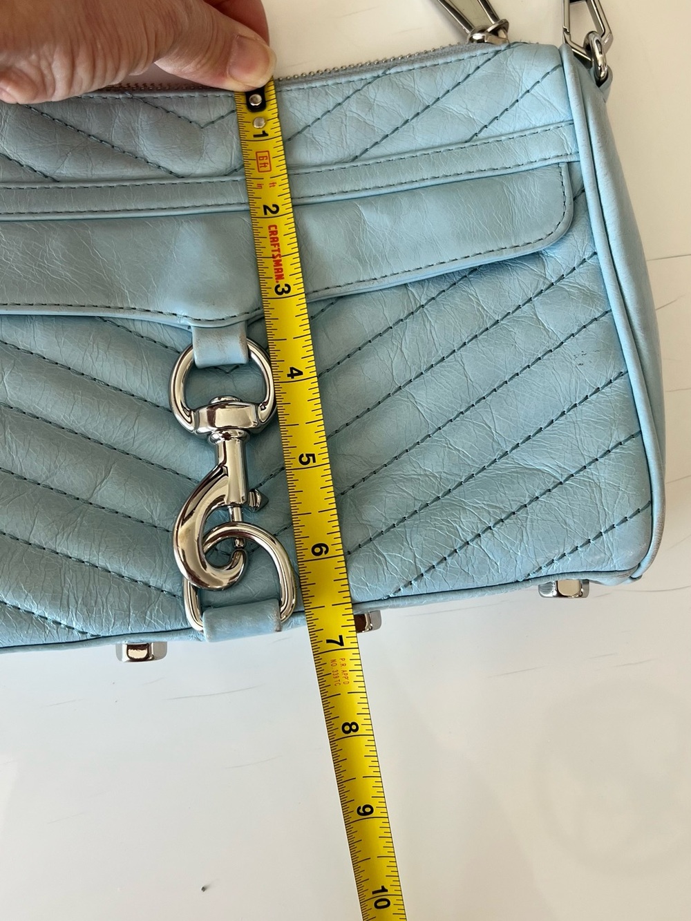Rebecca Minkoff Light Blue Quilted Leather Mini Mac Crossbody with Silver Chain - Picture 7 of 13